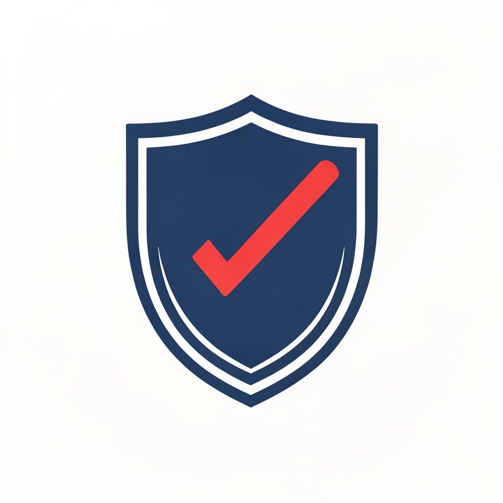 Ícone de escudo com visto de verificação, em tons de azul escuro e branco, transmitindo confiança